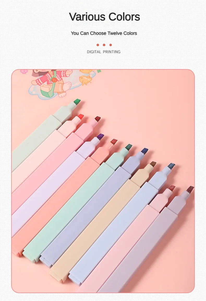 12 Pcs/Set Double Tip Highlighter Pens Kawaii Manga Markers Midliner Pastel Gel Set Stationery Journal School office Supplies