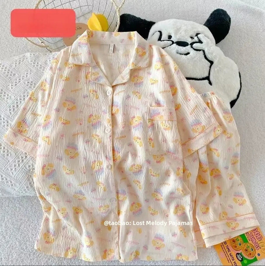 Cute Pink Cloud Cotton Spwear Bear Print Home Clothes Long Sve ort Sve Women's Comfortable Home Suit Summer Thin