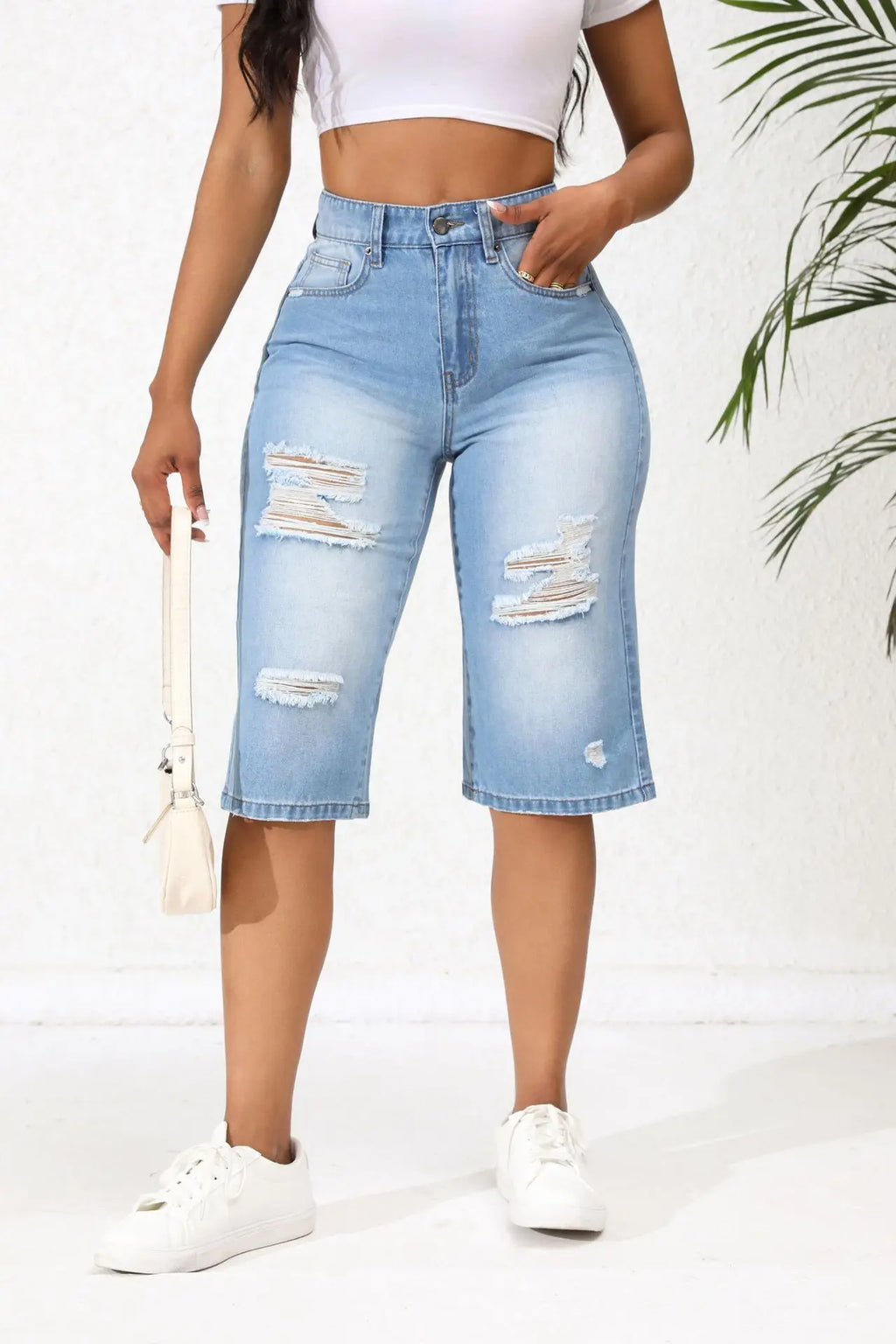 2025 Summer New Calf-Length Jeans For Women Fashion Ripped Slim Fit Butt Lift Denim Straight Legs Casual Clothing