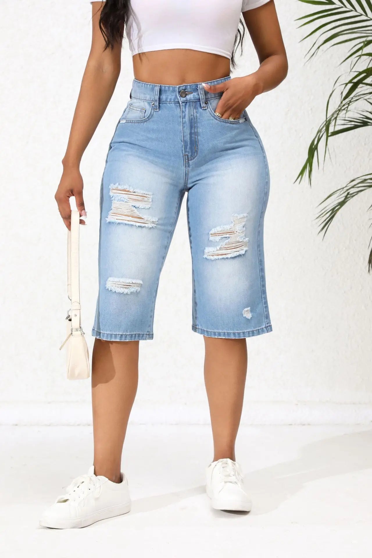 2025 Summer New Calf-Length Jeans For Women Fashion Ripped Slim Fit Butt Lift Denim Straight Legs Casual Clothing