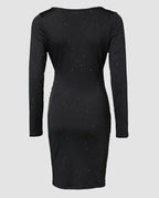 Elegant Black V-Neck Long Sleeve Mini Dress with Glitter Detail - Stretchy Polyester  Ruched Cocktail Party Gown for Women, Cock
