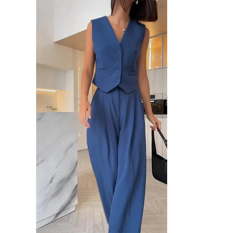 casual sleeveless suit set office lady spring summer elegant slim v-neck blazer tops pants two piece set women outfit 2024