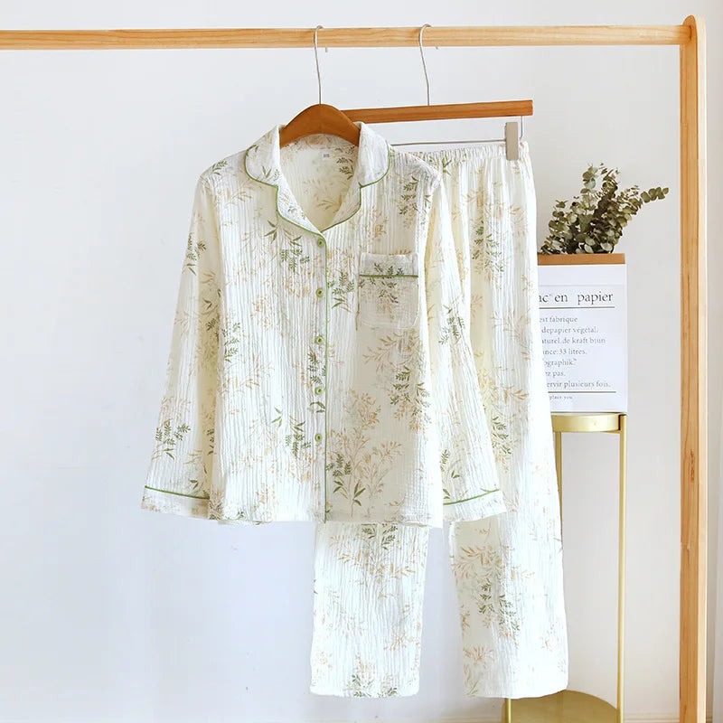 2025 New Spring and Autumn Women's Pajama Set 100% Cotton Crepe Printed Long Sleeve Pants Two Piece Home Suit Set Sleepwear