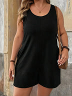 Chic Plus Size Solid Vest Romper - Round Neck Jumpsuit with Pockets, Elegant Casual Summer Outfit for Women