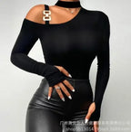 Contrast Lace Long Sleeve Cold Shoulder Bodysuit Women Top Romper Solid Color Fashion Sexy Slim Skinny Bodysuits